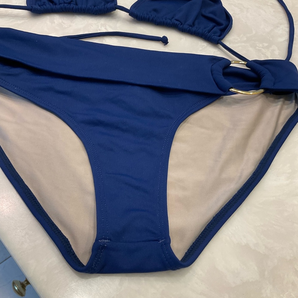 Jo de Mer Two Piece Navy Bikini, Triangle Top, Gold Ring Bottom Detail, Sz 2-Med - Picture 9 of 10